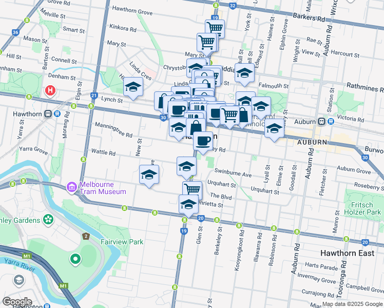 map of restaurants, bars, coffee shops, grocery stores, and more near 589 Glenferrie Road in Hawthorn