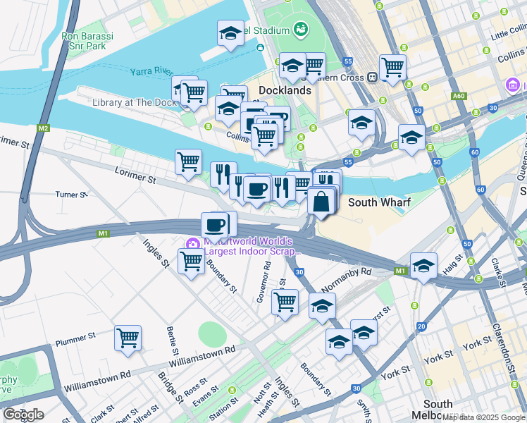 map of restaurants, bars, coffee shops, grocery stores, and more near 231 Harbour Esplanade in Docklands