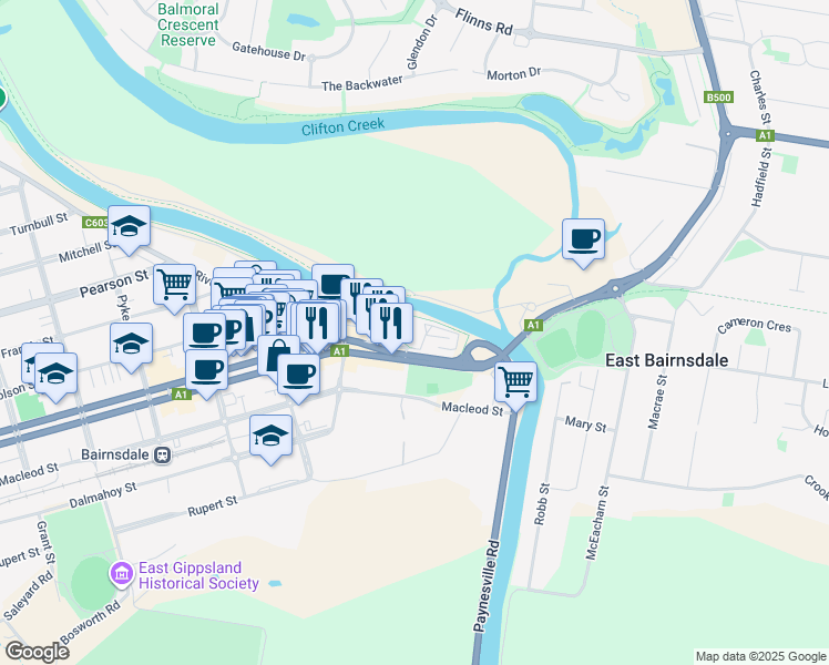 map of restaurants, bars, coffee shops, grocery stores, and more near 2 Main Street in Bairnsdale