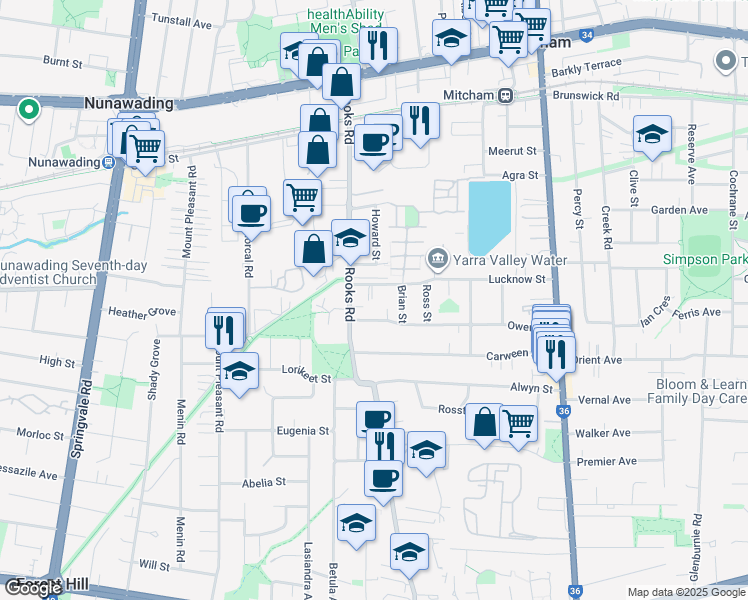 map of restaurants, bars, coffee shops, grocery stores, and more near 2A Lucknow Street in Mitcham