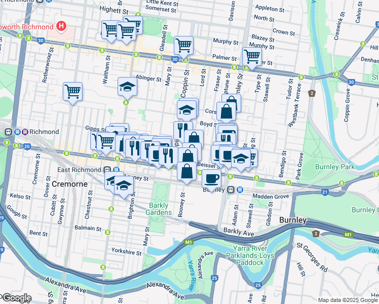 map of restaurants, bars, coffee shops, grocery stores, and more near 154 Lord Street in Richmond
