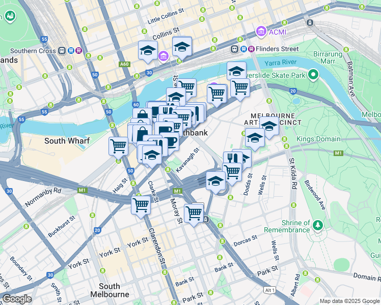 map of restaurants, bars, coffee shops, grocery stores, and more near 100 Kavanagh Street in Southbank