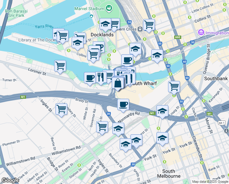 map of restaurants, bars, coffee shops, grocery stores, and more near Lorimer Street in Melbourne City