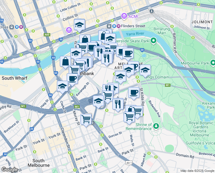 map of restaurants, bars, coffee shops, grocery stores, and more near 152 Sturt Street in Southbank