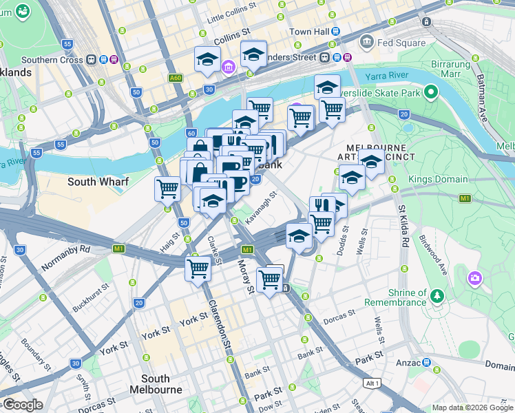 map of restaurants, bars, coffee shops, grocery stores, and more near 118 Kavanagh Street in Southbank
