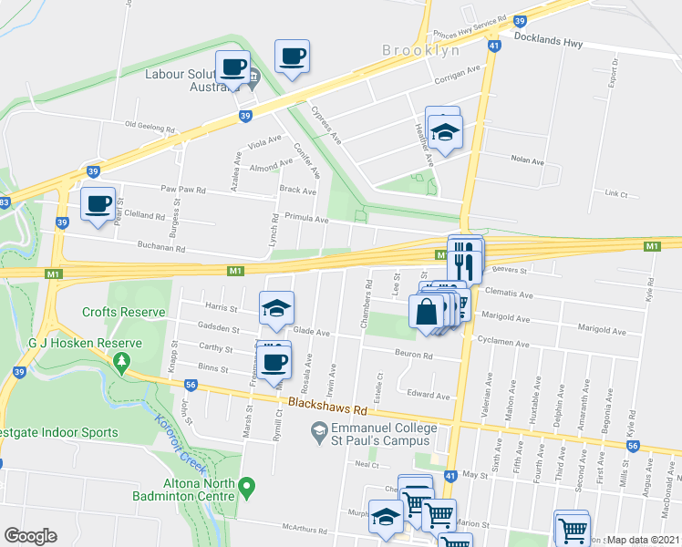 map of restaurants, bars, coffee shops, grocery stores, and more near 61 Irwin Avenue in Altona North
