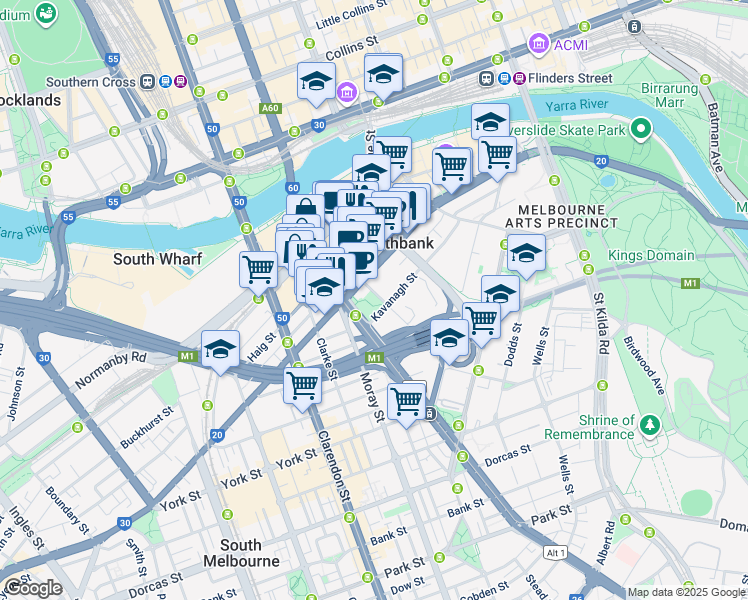 map of restaurants, bars, coffee shops, grocery stores, and more near 30 Balston Street in Southbank