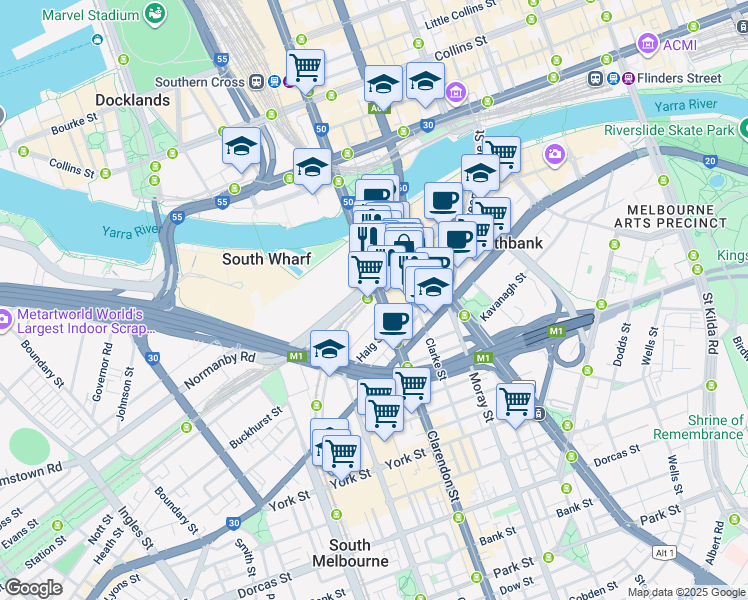 map of restaurants, bars, coffee shops, grocery stores, and more near 63 Whiteman Street in Southbank