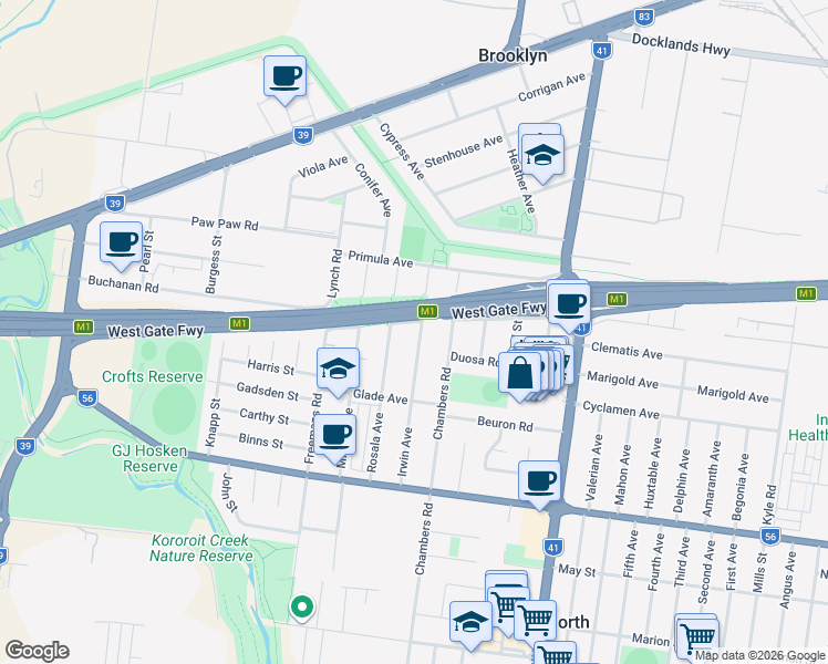 map of restaurants, bars, coffee shops, grocery stores, and more near 61 Irwin Avenue in Altona North