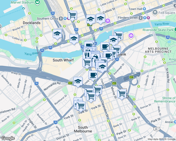map of restaurants, bars, coffee shops, grocery stores, and more near 63 Whiteman Street in Southbank