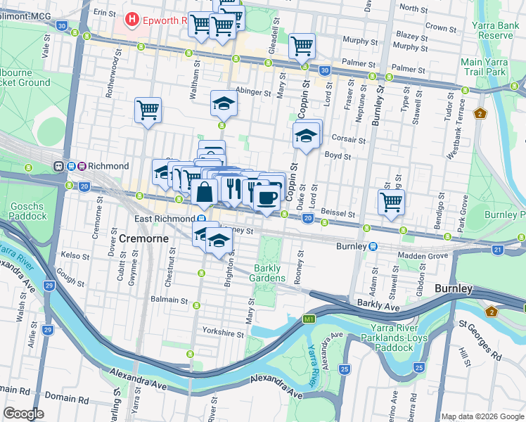 map of restaurants, bars, coffee shops, grocery stores, and more near Mary Street in Richmond