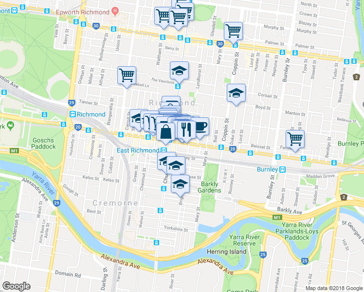 map of restaurants, bars, coffee shops, grocery stores, and more near 18 Wiltshire Street in Richmond