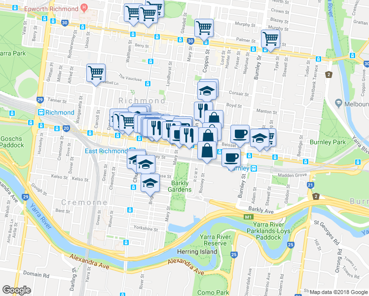 map of restaurants, bars, coffee shops, grocery stores, and more near 320 Swan Street in Richmond