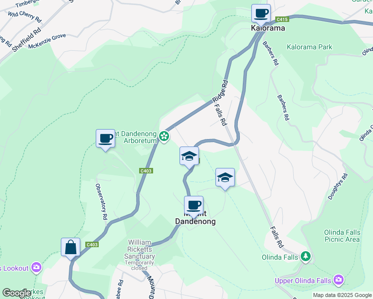 map of restaurants, bars, coffee shops, grocery stores, and more near 65 Ridge Road in Mount Dandenong