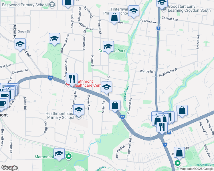map of restaurants, bars, coffee shops, grocery stores, and more near 15 Gracedale Avenue in Ringwood East