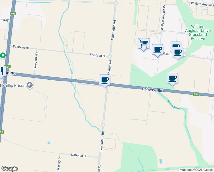 map of restaurants, bars, coffee shops, grocery stores, and more near 50 Foundation Road in Truganina