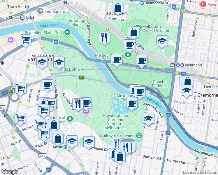 map of restaurants, bars, coffee shops, grocery stores, and more near Alexandra Avenue in Melbourne