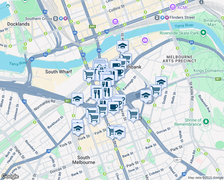 map of restaurants, bars, coffee shops, grocery stores, and more near 241 City Road in Southbank