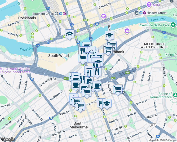 map of restaurants, bars, coffee shops, grocery stores, and more near Clarendon Street in Southbank