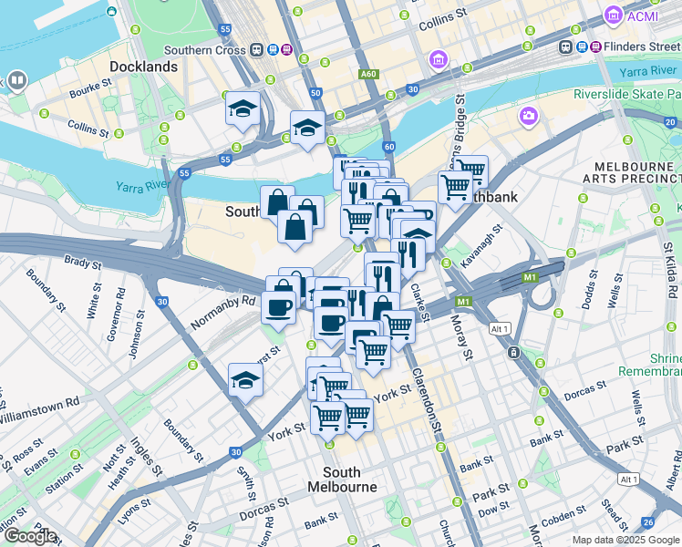 map of restaurants, bars, coffee shops, grocery stores, and more near 79 Whiteman Street in Southbank
