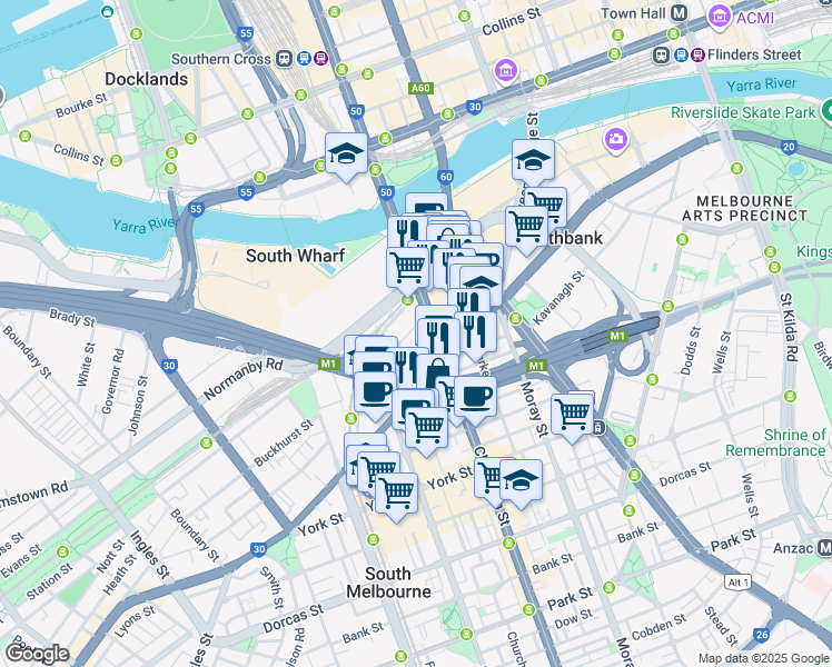 map of restaurants, bars, coffee shops, grocery stores, and more near 50 Haig Street in Southbank
