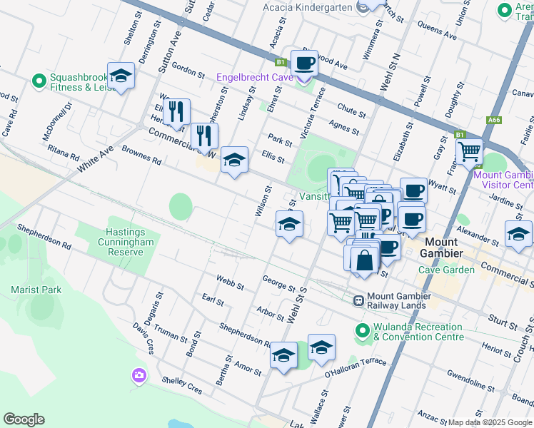 map of restaurants, bars, coffee shops, grocery stores, and more near 15 Wilson Street in Mount Gambier