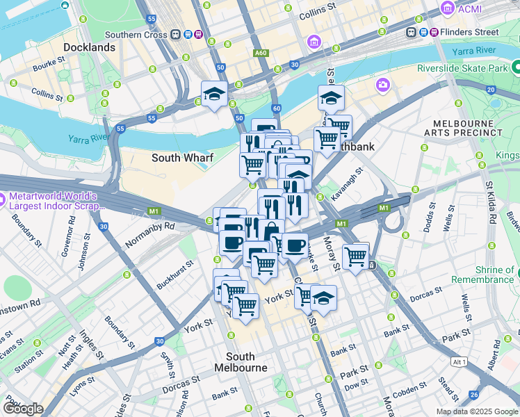 map of restaurants, bars, coffee shops, grocery stores, and more near 50 Haig Street in Southbank