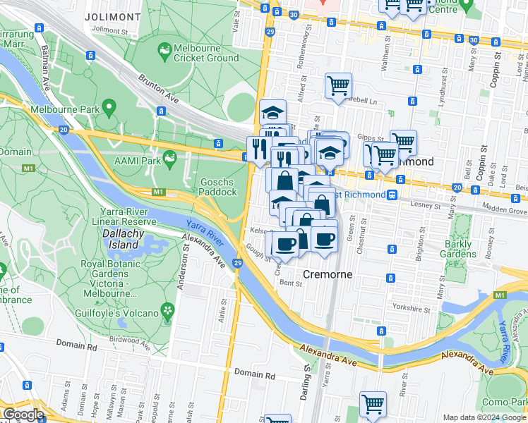 map of restaurants, bars, coffee shops, grocery stores, and more near 71 Wellington Street in Cremorne