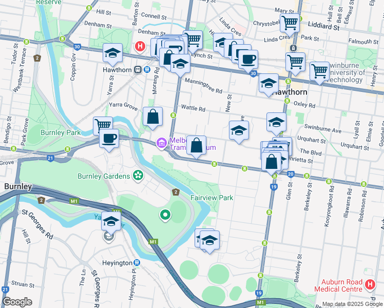 map of restaurants, bars, coffee shops, grocery stores, and more near 19 Riversdale Road in Hawthorn