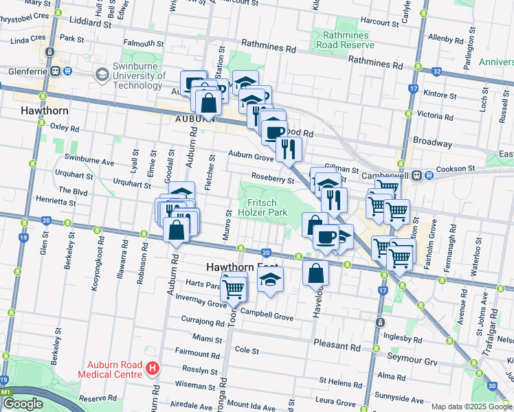map of restaurants, bars, coffee shops, grocery stores, and more near 18 Symonds Street in Hawthorn East