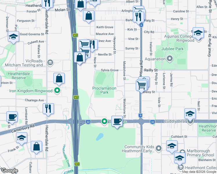 map of restaurants, bars, coffee shops, grocery stores, and more near 11-13 Sylvia Grove in Ringwood