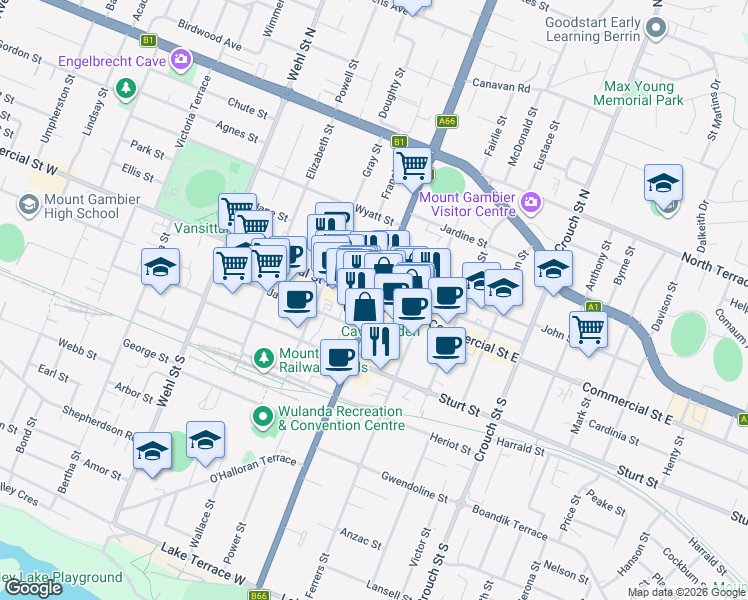 map of restaurants, bars, coffee shops, grocery stores, and more near in Mount Gambier