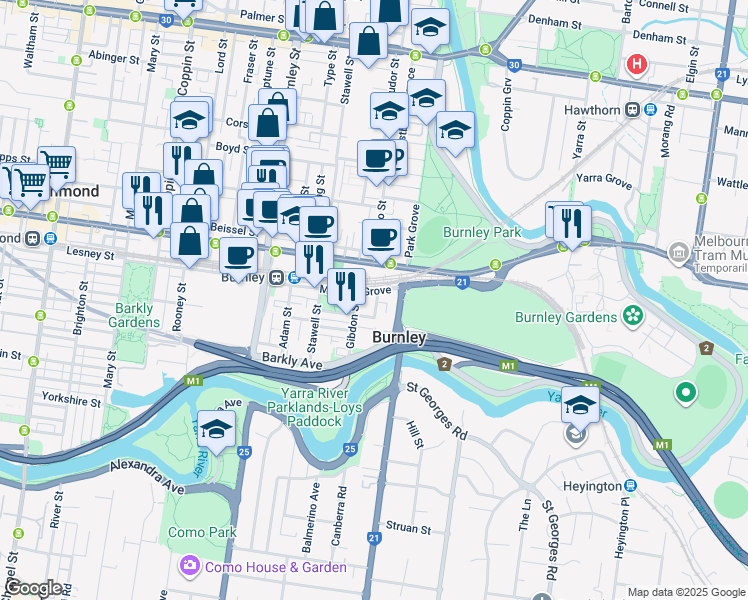 map of restaurants, bars, coffee shops, grocery stores, and more near 39 Parkville Street in Burnley