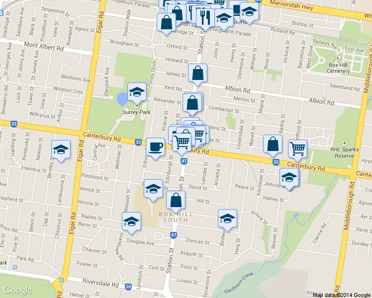 map of restaurants, bars, coffee shops, grocery stores, and more near 424 Station Street in Box Hill