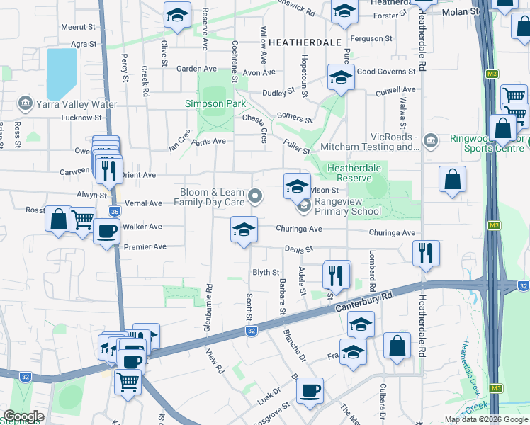 map of restaurants, bars, coffee shops, grocery stores, and more near 19 Scott Street in Mitcham