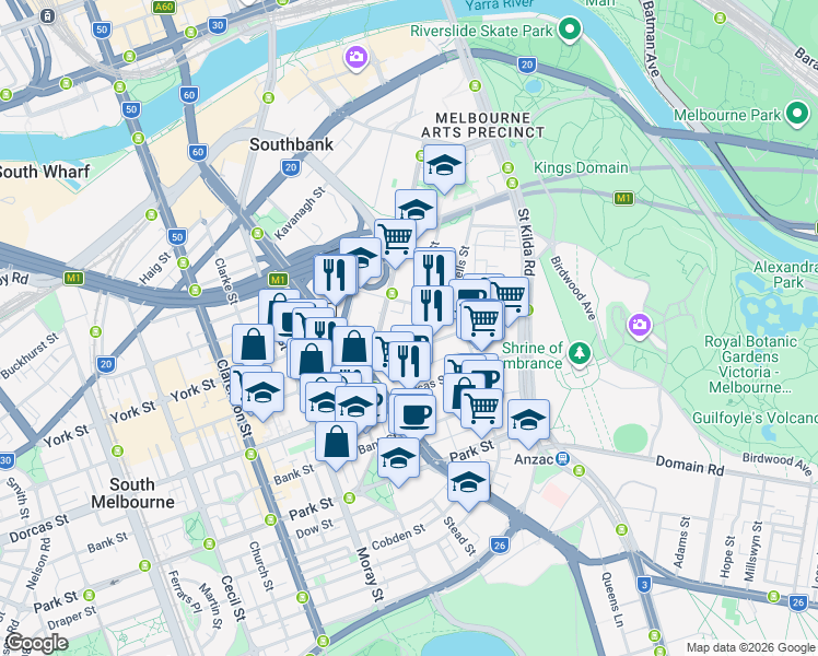 map of restaurants, bars, coffee shops, grocery stores, and more near 114 Dodds Street in Southbank