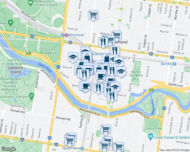 map of restaurants, bars, coffee shops, grocery stores, and more near 88 Green Street in Cremorne