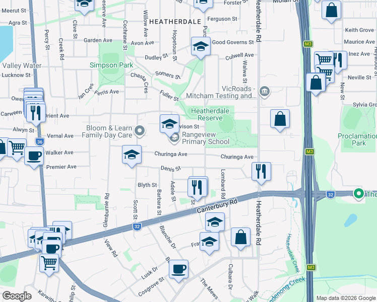 map of restaurants, bars, coffee shops, grocery stores, and more near 37 Churinga Avenue in Mitcham
