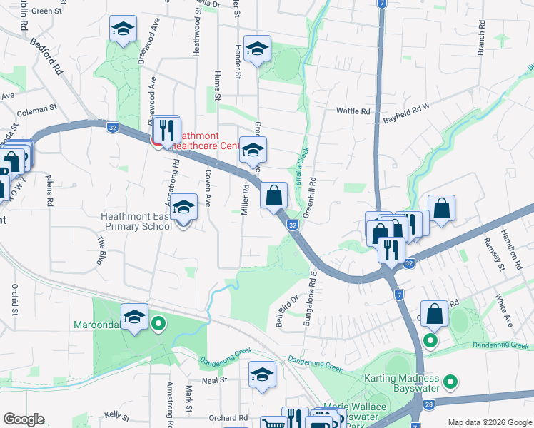 map of restaurants, bars, coffee shops, grocery stores, and more near 4 Atunga Court in Heathmont