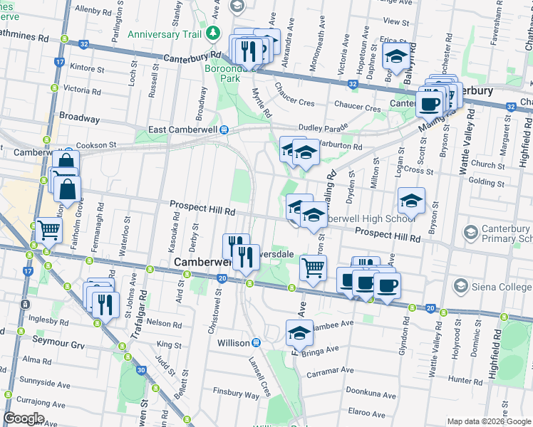 map of restaurants, bars, coffee shops, grocery stores, and more near Spencer Road in Camberwell