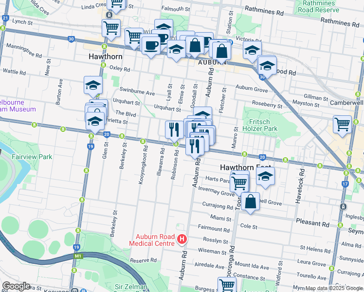 map of restaurants, bars, coffee shops, grocery stores, and more near 194 Riversdale Road in Hawthorn