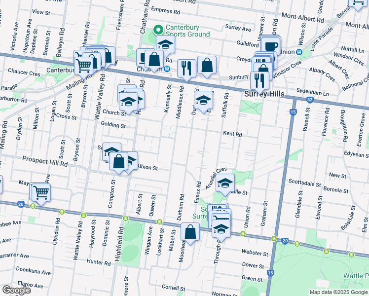 map of restaurants, bars, coffee shops, grocery stores, and more near 40 Durham Road in Surrey Hills