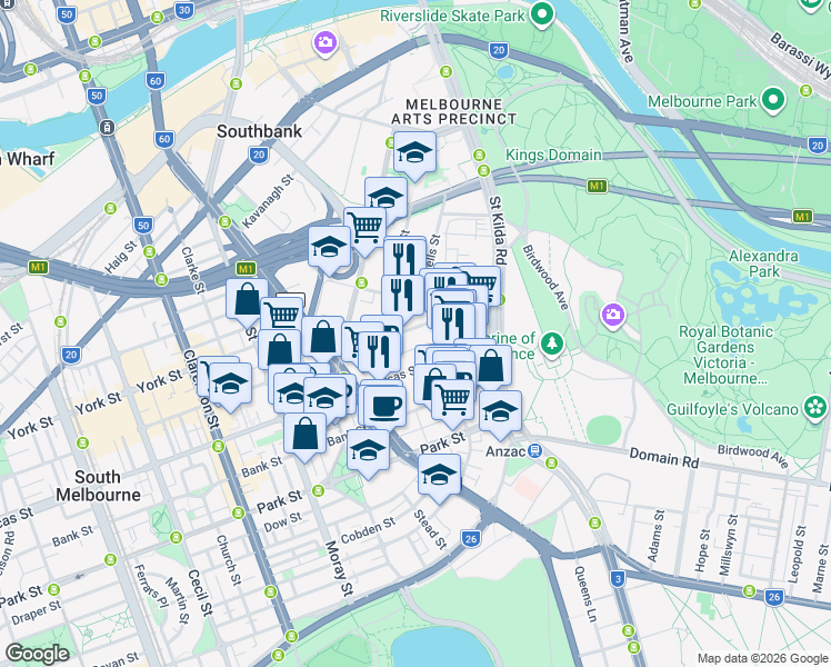 map of restaurants, bars, coffee shops, grocery stores, and more near 65 Coventry Street in Southbank