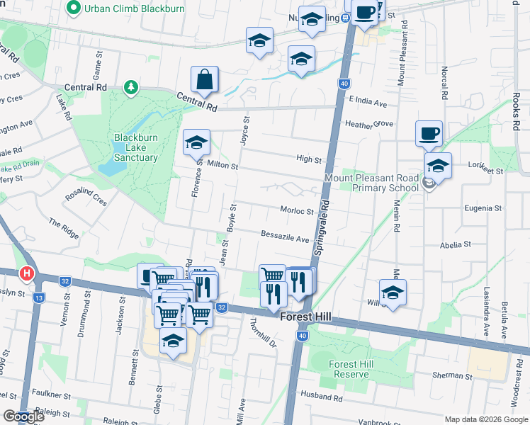 map of restaurants, bars, coffee shops, grocery stores, and more near 2A Yea Court in Forest Hill