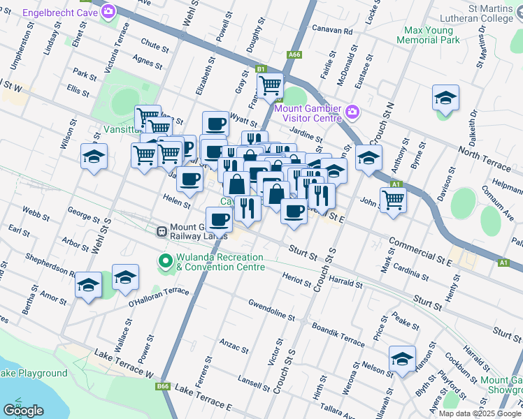 map of restaurants, bars, coffee shops, grocery stores, and more near 6 Ferrers Street in Mount Gambier