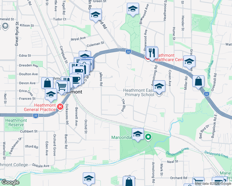 map of restaurants, bars, coffee shops, grocery stores, and more near 13 The Boulevard in Heathmont