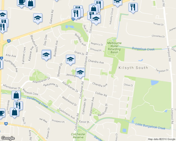 map of restaurants, bars, coffee shops, grocery stores, and more near 29 Chamberlain Drive in Kilsyth South