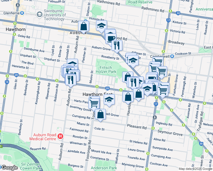 map of restaurants, bars, coffee shops, grocery stores, and more near 325 Riversdale Road in Hawthorn East