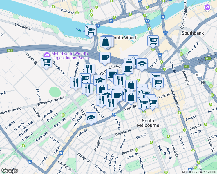 map of restaurants, bars, coffee shops, grocery stores, and more near 89 Gladstone Street in South Melbourne