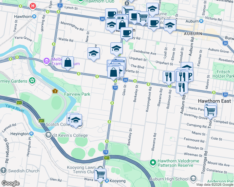 map of restaurants, bars, coffee shops, grocery stores, and more near 510 Glenferrie Road in Hawthorn